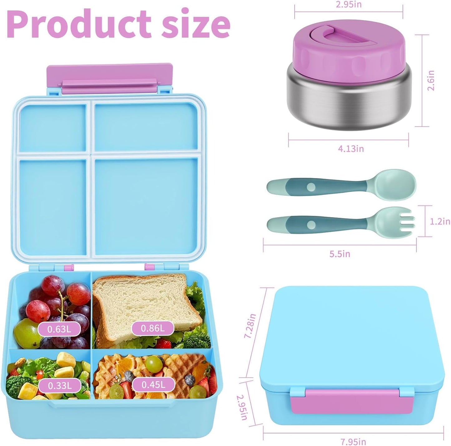 Bento Box for Kids with Thermo Food Container (9oz), 4-Compartment Lunch Box, Adjustable Divider, Leakproof Bento Lunch Box, Includes Utensils & Carry Bag for School, Office(Blue)