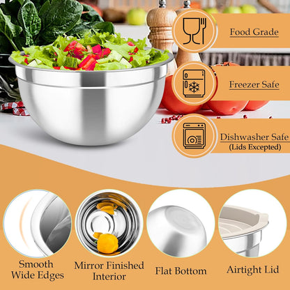 TeamFar Mixing Bowls, Stainless Steel Nesting Salad Bowls with Lids Set of 3 & 3 Grater Attachments, For Mixing/Serving/Storing, Non-toxic & Long-lasting, Size 4.6/3 / 1.5 QT, Black
