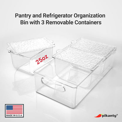 Pikanty Clear Refrigerator Organizer Bin with Handles — 15 Inch Stackable Fridge and Pantry Storage Container for Snacks, Produce, Cans, Yogurt, Condiments, Dishwasher and Freezer Safe, Made in USA