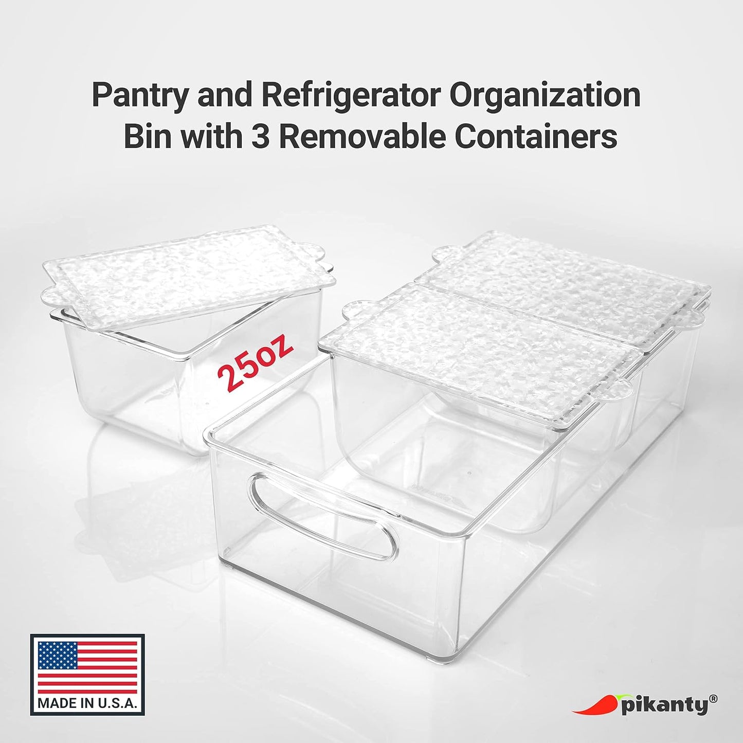 Pikanty Clear Refrigerator Organizer Bin with Handles — 11 Inch Compact Stackable Fridge and Pantry Storage Container for Snacks, Yogurt, Condiments, Dishwasher Safe, Made in USA