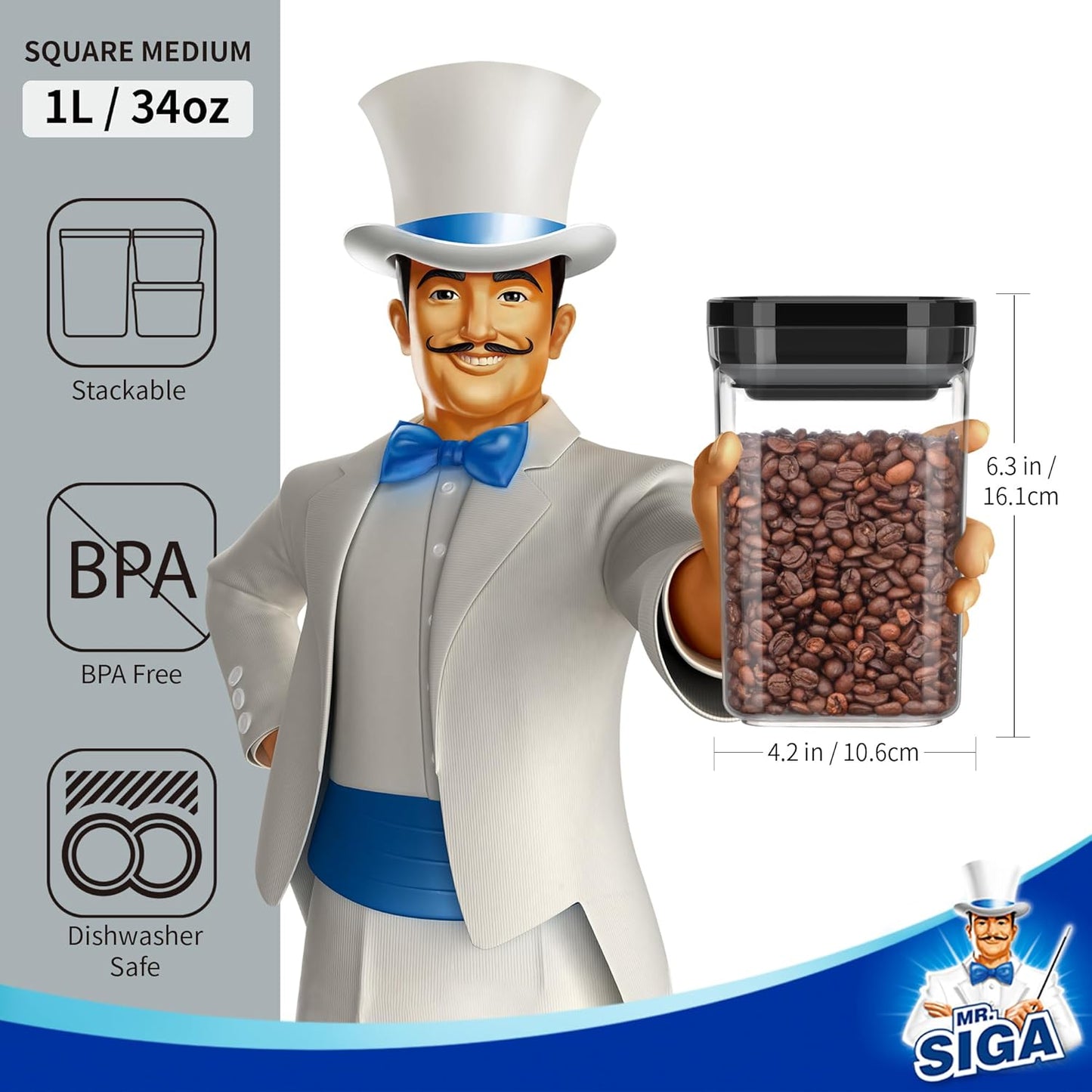 MR.SIGA 4 Pack Airtight Food Storage Container Set, BPA Free Kitchen Pantry Organization Canisters with One-handed Leak Proof Lids, 1L / 33.8oz, Medium, White