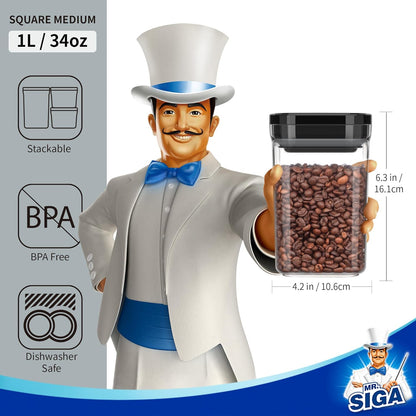 MR.SIGA 4 Pack Airtight Food Storage Container Set, BPA Free Kitchen Pantry Organization Canisters with One-handed Leak Proof Lids, 1L / 33.8oz, Medium, White