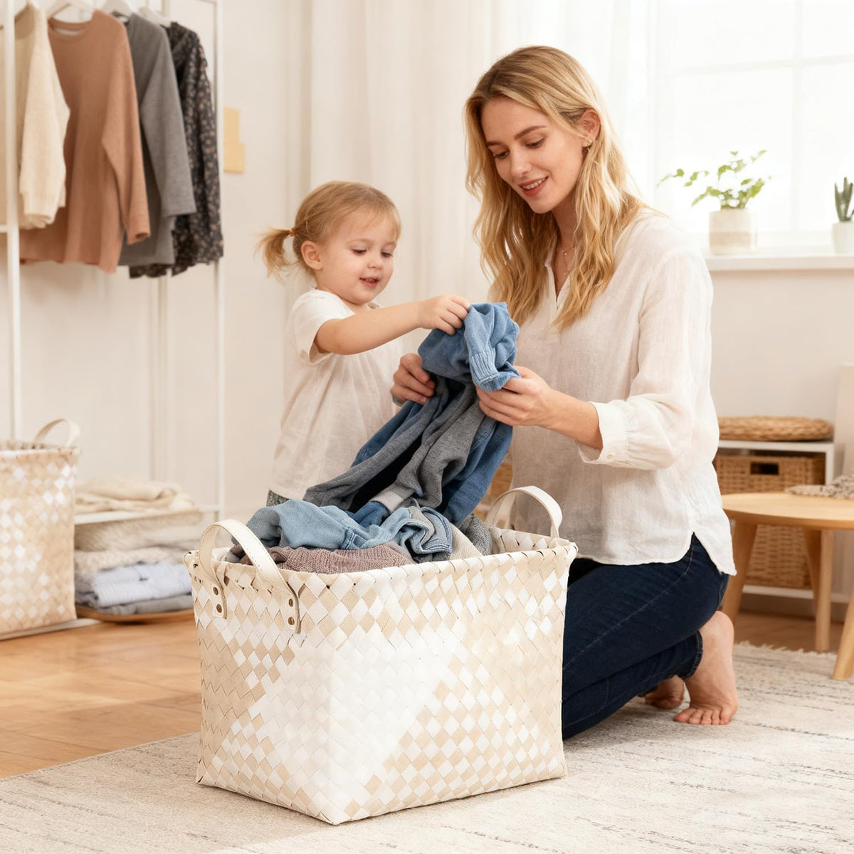 15L Laundry Baskets Waterproof Storage Baskets For Shelves Large Laundry Hamper With Leather Handle -set of 4 Cube Organizers Woven Bins for Bathroom,Bedroom,Pantry,Clothes,Car & Towels-Brown