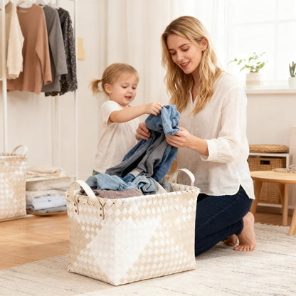 15L Laundry Baskets Waterproof Storage Baskets For Shelves Large Laundry Hamper With Leather Handle -set of 4 Cube Organizers Woven Bins for Bathroom,Bedroom,Pantry,Clothes,Car & Towels-Brown
