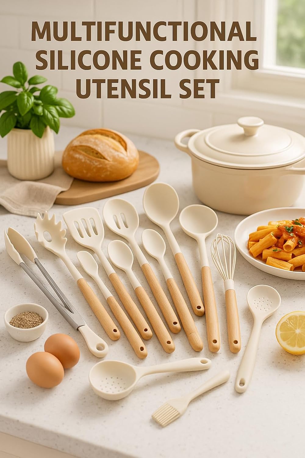 14-Piece Silicone Cooking Utensil Set with Wooden Handles & Storage Holder – Heat-Resistant, Non-Stick Safe, Oven Safe – White