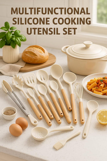 14-Piece Silicone Cooking Utensil Set with Wooden Handles & Storage Holder – Heat-Resistant, Non-Stick Safe, Oven Safe – White