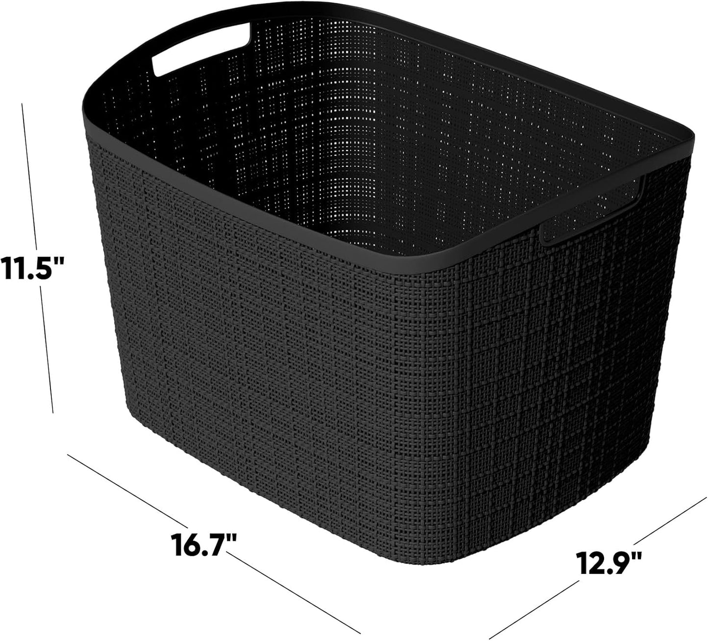 Curver Set of 4 Large 18L Easy Access Jute Decorative Plastic Organization and Storage Baskets - Perfect Bins for Home Office, Closet Shelves, Kitchen Pantry and All Bedroom Essentials, Black