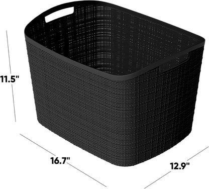 Curver Set of 4 Large 18L Easy Access Jute Decorative Plastic Organization and Storage Baskets - Perfect Bins for Home Office, Closet Shelves, Kitchen Pantry and All Bedroom Essentials, Black