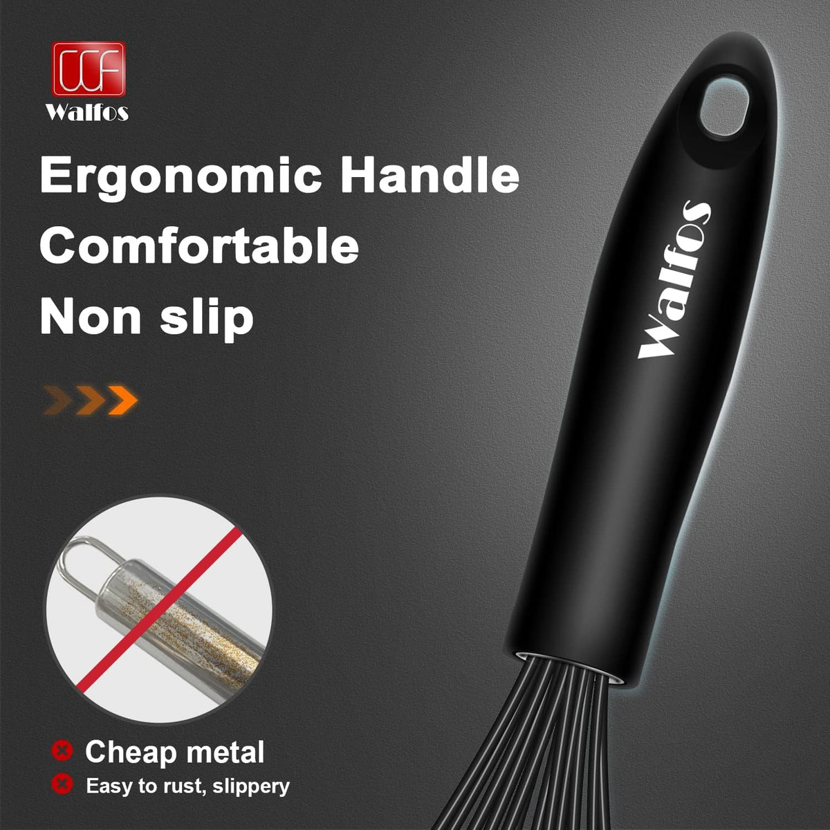 Walfos Silicone Whisk,Stainless Steel Wire Whisk -Heat Resistant 480°F Kitchen Whisks for Non-stick Cookware,Balloon Egg Beater Perfect for Blending,Whisking,Beating,Frothing & Stirring,Black