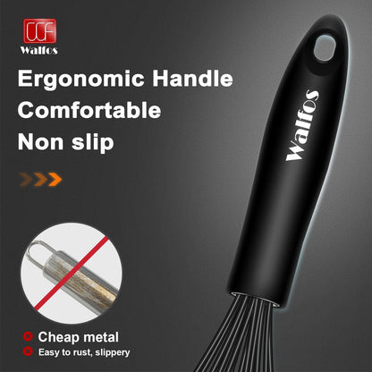 Walfos Silicone Whisk,Stainless Steel Wire Whisk -Heat Resistant 480°F Kitchen Whisks for Non-stick Cookware,Balloon Egg Beater Perfect for Blending,Whisking,Beating,Frothing & Stirring,Black