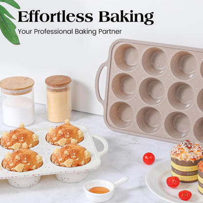 Vinino 2Pack Silicone Muffin Pans for Baking with Metal Reinforced Frame, 12 Cups Regular Size Nonstick Silicone Cupcake Pan, BPA Free Oven Dishwasher Safe Baking Mold for Muffins Cupcakes
