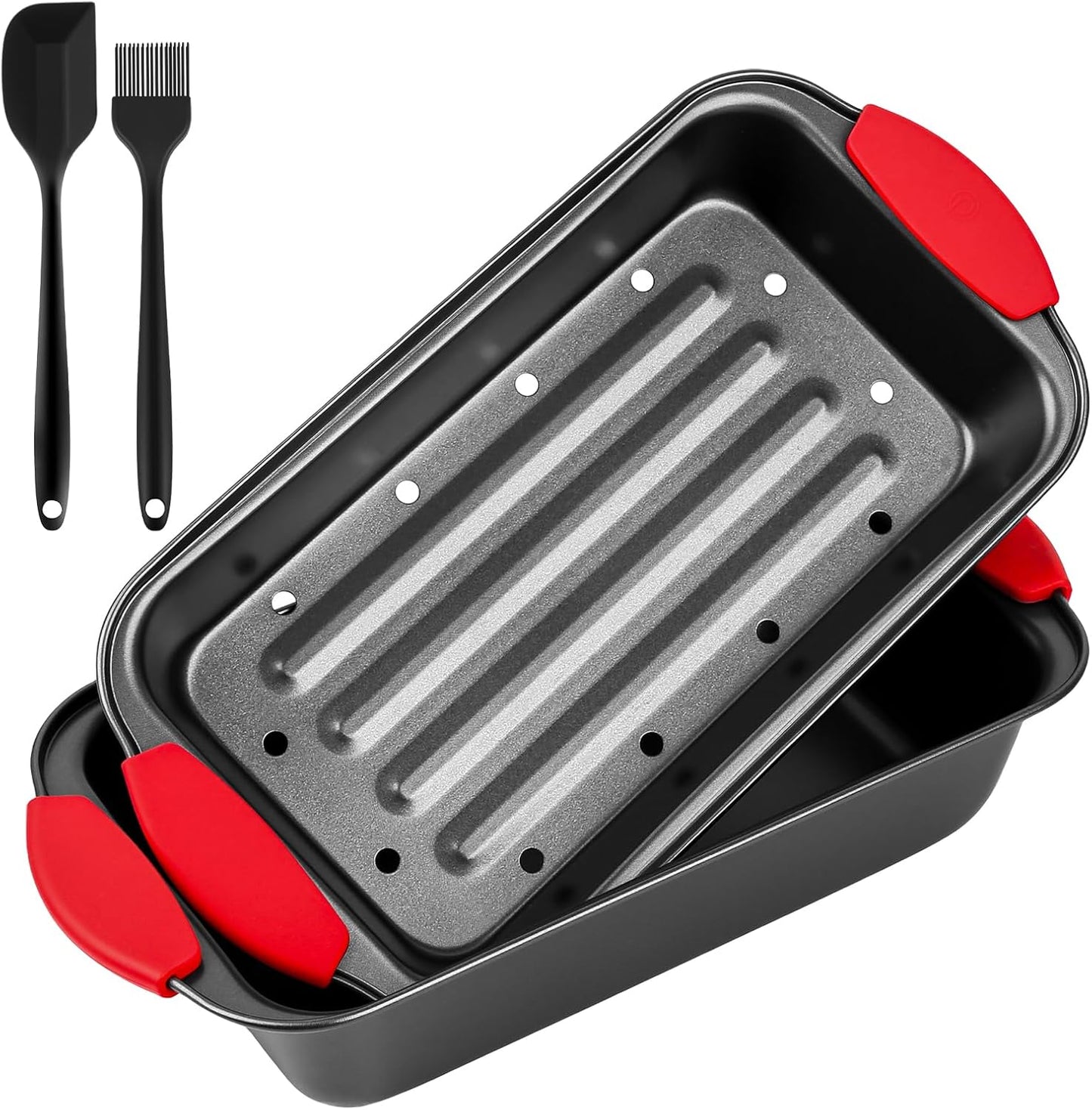 Meatloaf Pan with Drain Tray, 2 Piece Set Meat Loaf Pan with Silicone Grip and Spatula & Basting Brush, Carbon Steel with Nonstick Coating, Oven Safe to 450°F, Versatile for Bread, Roasts, Cakes