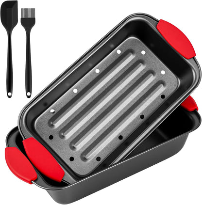 Meatloaf Pan with Drain Tray, 2 Piece Set Meat Loaf Pan with Silicone Grip and Spatula & Basting Brush, Carbon Steel with Nonstick Coating, Oven Safe to 450°F, Versatile for Bread, Roasts, Cakes