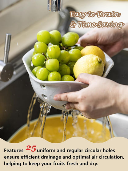 Gomakren Berry Bowls with Holes Ceramic, Berry Washing Bowl Basket Set of 2, 5.8 Inch Round Fruit Bowl Storage Containers, Strawberry Baskets, Farmhouse Kitchen Decor, Yellow + Brown