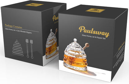 PAULSWAY 9 oz Beehive Crystal Honey Pot with 2 Dipper Sticks - Elegant Glass Honey Jar with Lid, No Drip Honey Dispenser & Syrup Container for Home Kitchen Decor