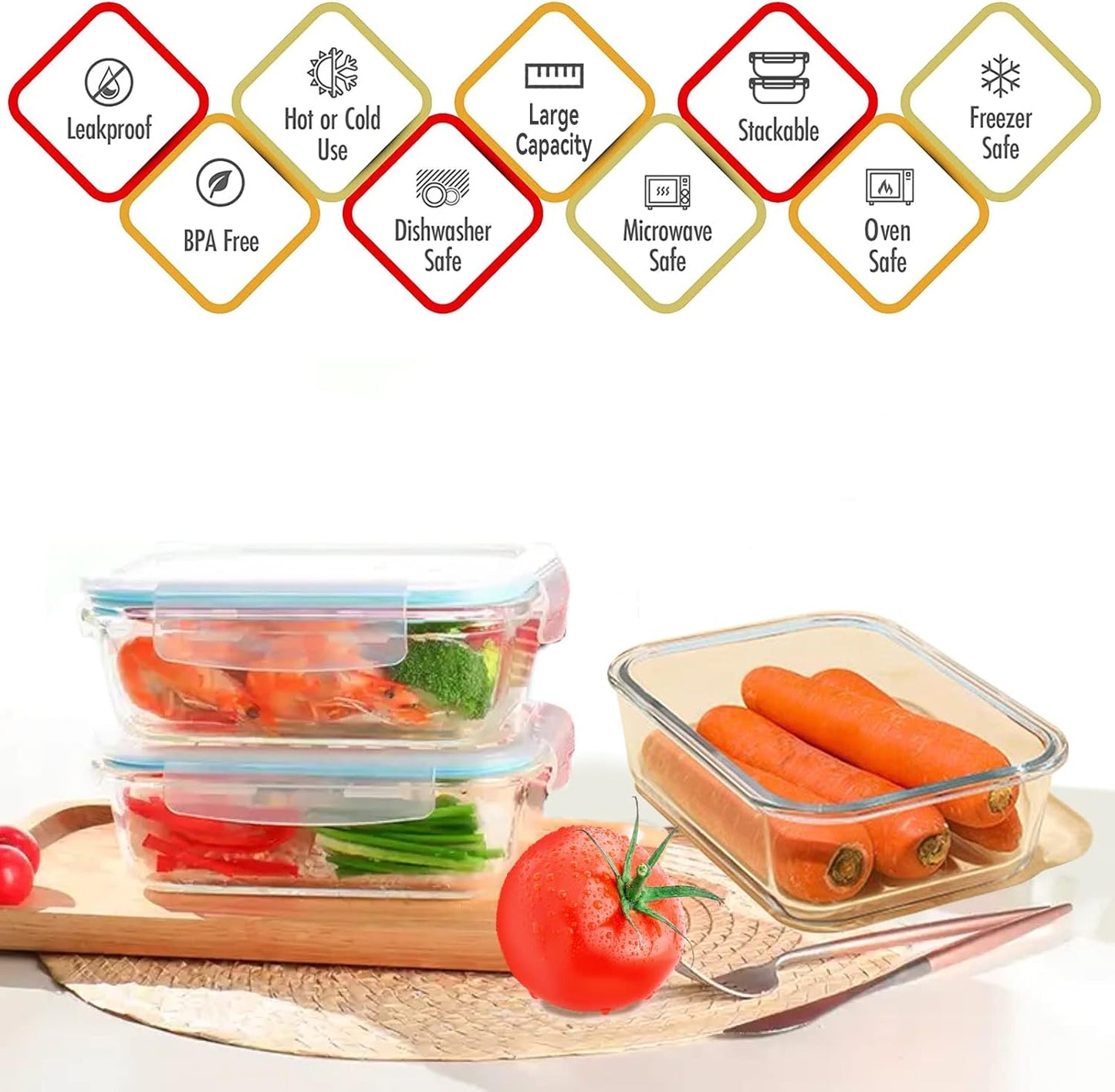 Luvan 2Pack 60Oz Large Glass Storage Containers with Lids, Meal Prep Food Container Set with Snap Airtight Lid for Baking, Microwave, Oven, BPA Free Leak Proof Freezer Dishwasher Safe