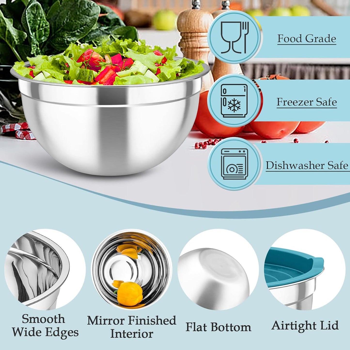 TeamFar Mixing Bowls, Stainless Steel Nesting Salad Bowls with Lids Set of 3 & 3 Grater Attachments, For Mixing/Serving/Storing, Non-toxic & Long-lasting, Size 4.6/3 / 1.5 QT, Black