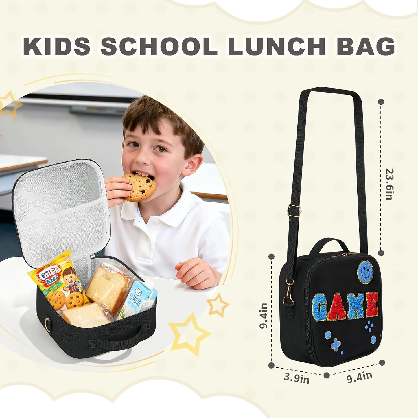 Kids Lunch Box for Kids Insulated Reusable Lunch Bag Tote Durable Children Leak-proof Lunchbox with Adjustable Shoulder Strap for School Daycare Travel Picnic (Navy - 3D Dinosaur)