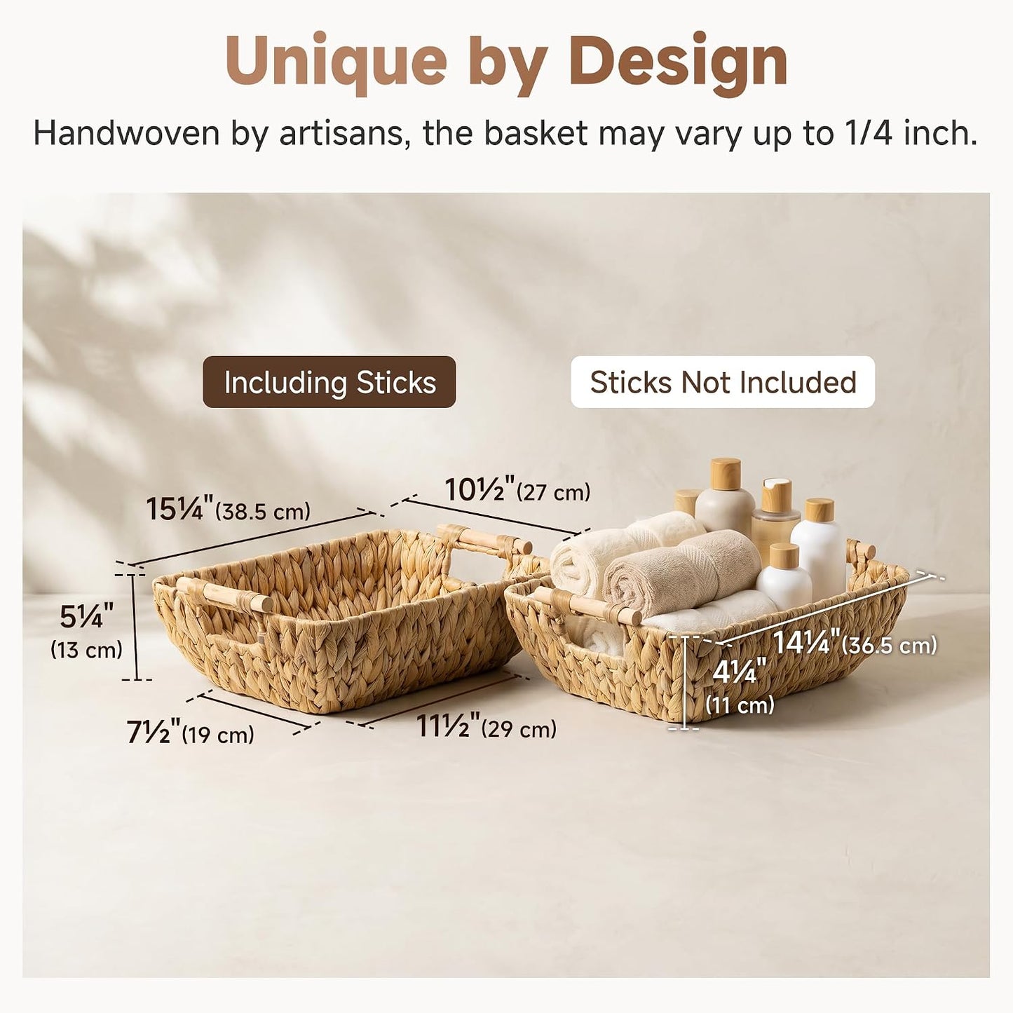 StorageWorks Hand-Woven Storage Baskets with Wooden Handles, Water Hyacinth Wicker Baskets for Organizing, 2 Pack