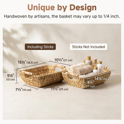StorageWorks Hand-Woven Storage Baskets with Wooden Handles, Water Hyacinth Wicker Baskets for Organizing, 2 Pack