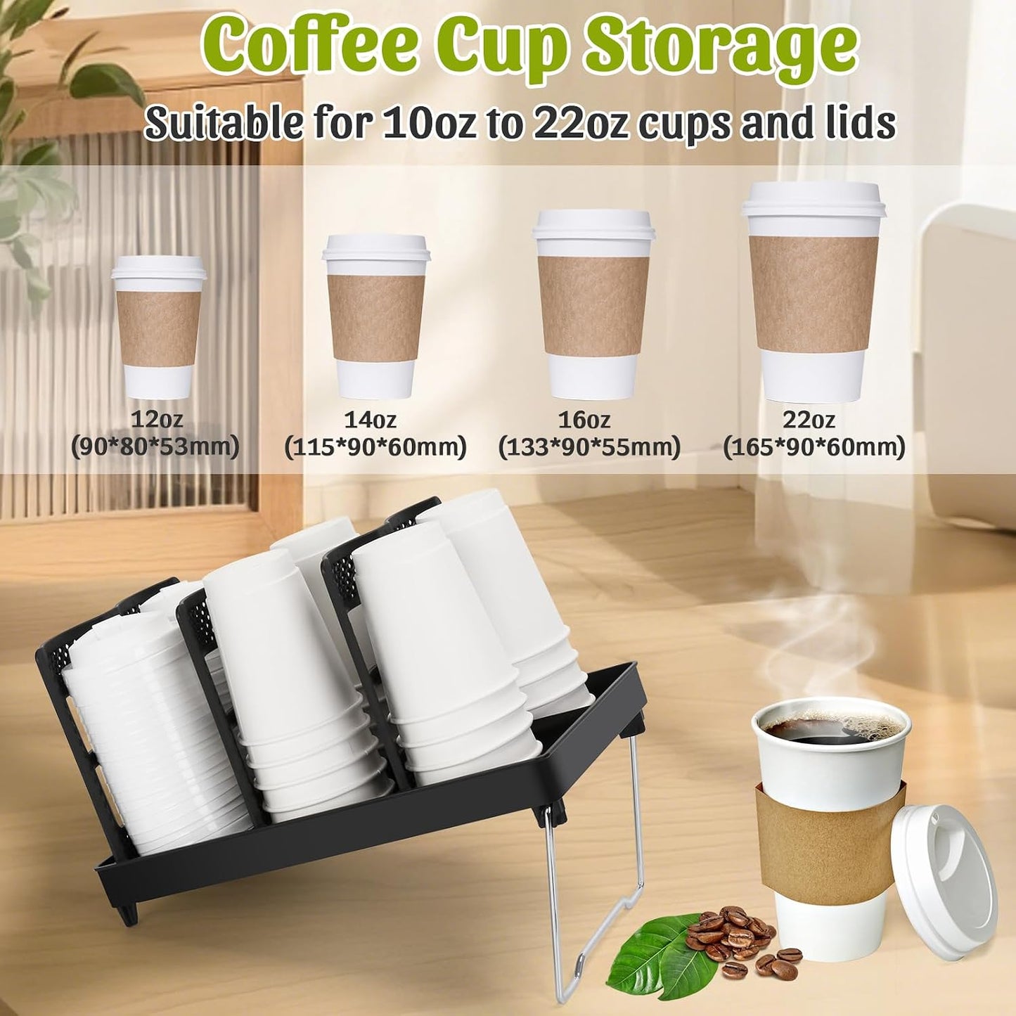 6-Compartment Cup and Lid Holder, Plastic Coffee Cup Holder with Straws Holder, 10-22oz Disposable Paper Cups Organizer for Countertop, Station, Bar,Office, Restaurant, Breakroom