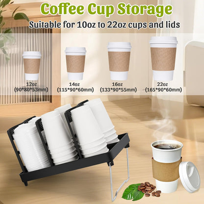 6-Compartment Cup and Lid Holder, Plastic Coffee Cup Holder with Straws Holder, 10-22oz Disposable Paper Cups Organizer for Countertop, Station, Bar,Office, Restaurant, Breakroom