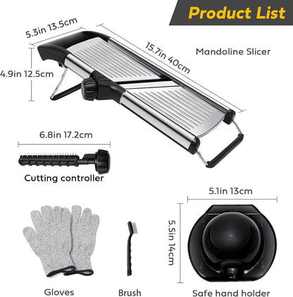 Mandoline Slicer for Kitchen, Stainless Steel adjustable Mandoline slicer, Non-Slip Mandolin with 4 Blades,Vegetable & Fruit Slicer for Potato,Tomato,onion,cucumber,with Cut-Resistant Gloves,Brush