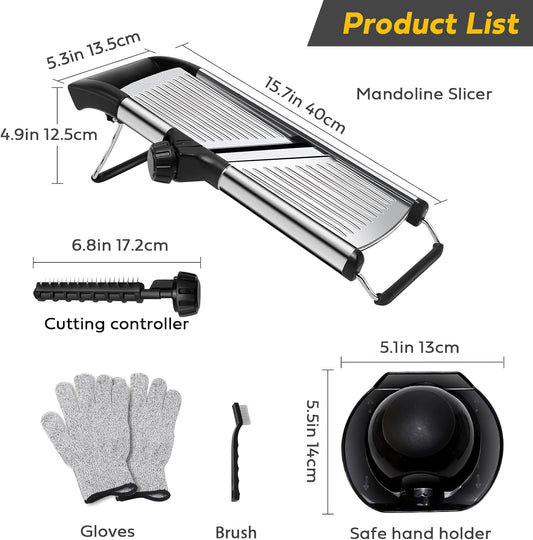 Mandoline Slicer for Kitchen, Stainless Steel adjustable Mandoline slicer, Non-Slip Mandolin with 4 Blades,Vegetable & Fruit Slicer for Potato,Tomato,onion,cucumber,with Cut-Resistant Gloves,Brush