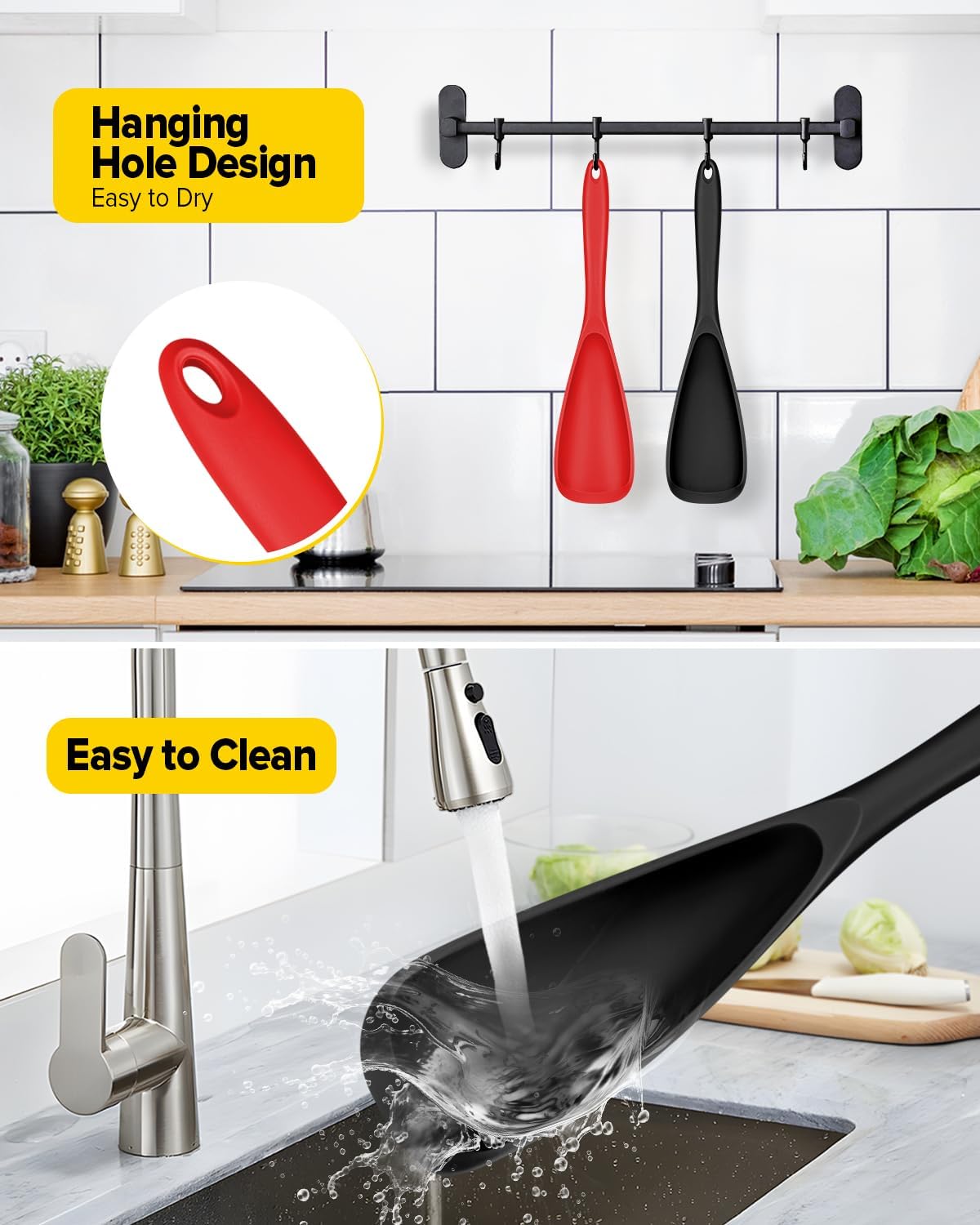 Pack of 2 Cooking Spoons for Non Stick Cookware, Multifunction Spatula Spoon BPA-Free, One-Piece Design, Suitable for Scooping, Scraping, Serving and Mixing(BLACK-GRAY)