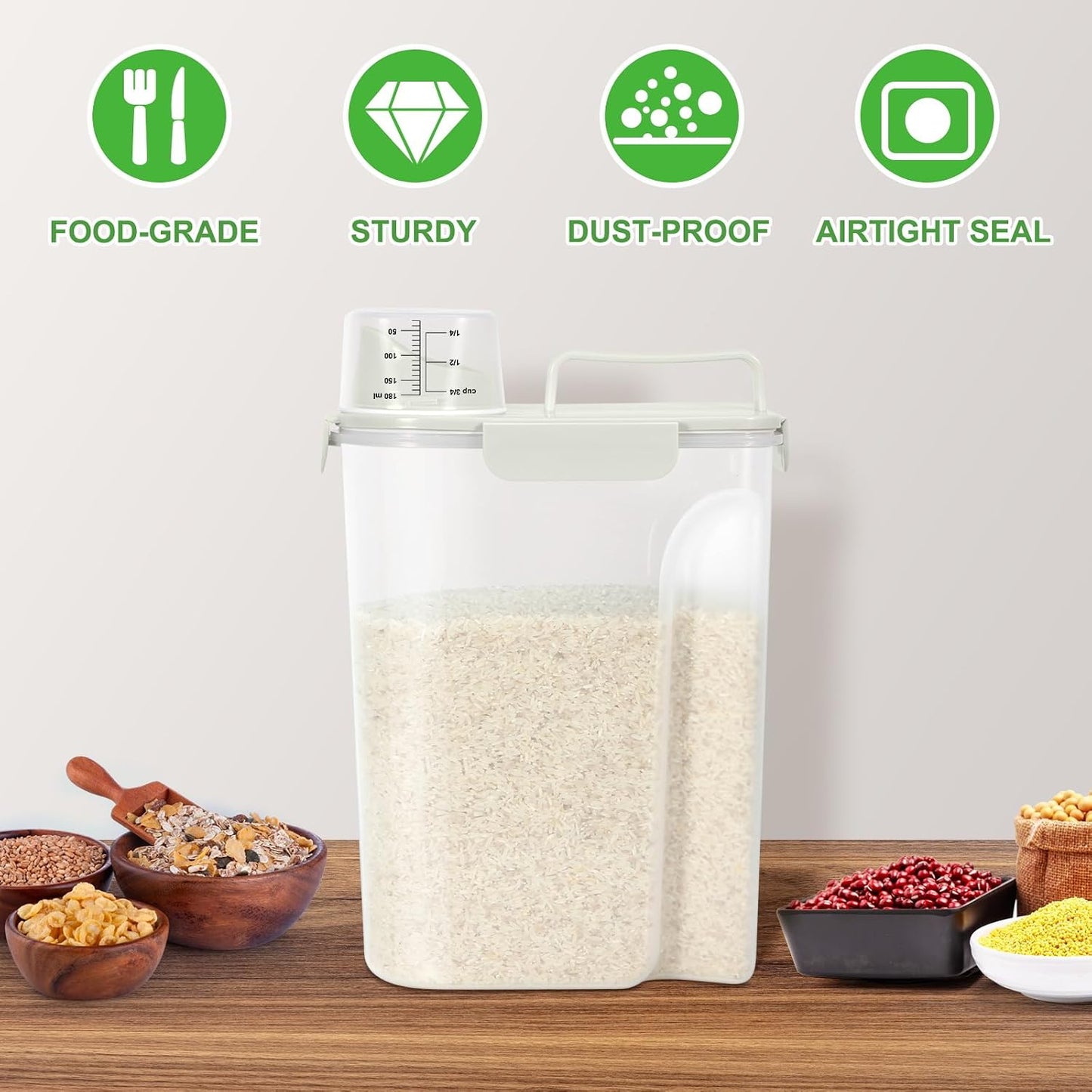 TBMax Rice Container 10 Lbs, Cereal Container Oatmeal Storage, Airtight Food Dispenser with Easy-pouring Spout & Handy Cup for Flour Grain Beans, Pet Dog Cat Bird Food Storage Container