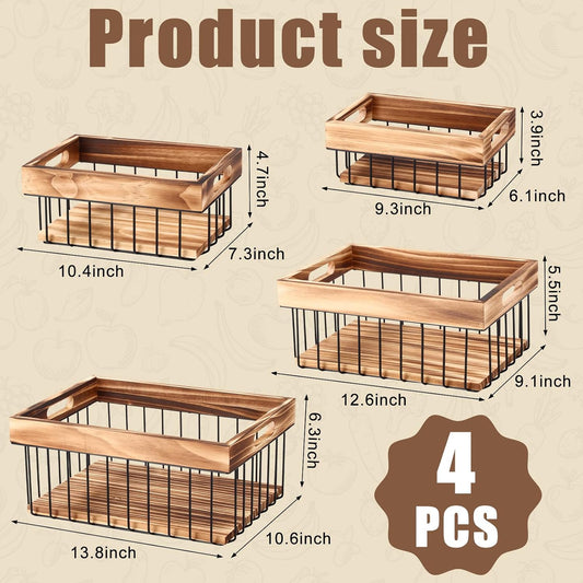 4 Pack Metal Wire Storage Basket, Multiple Sizes Basket with Handles Wooden Top and Bottom Containers Organizer Rustic Farmhouse Decor for Kitchen Cabinets, Bathroom, Pantry, Laundry Room