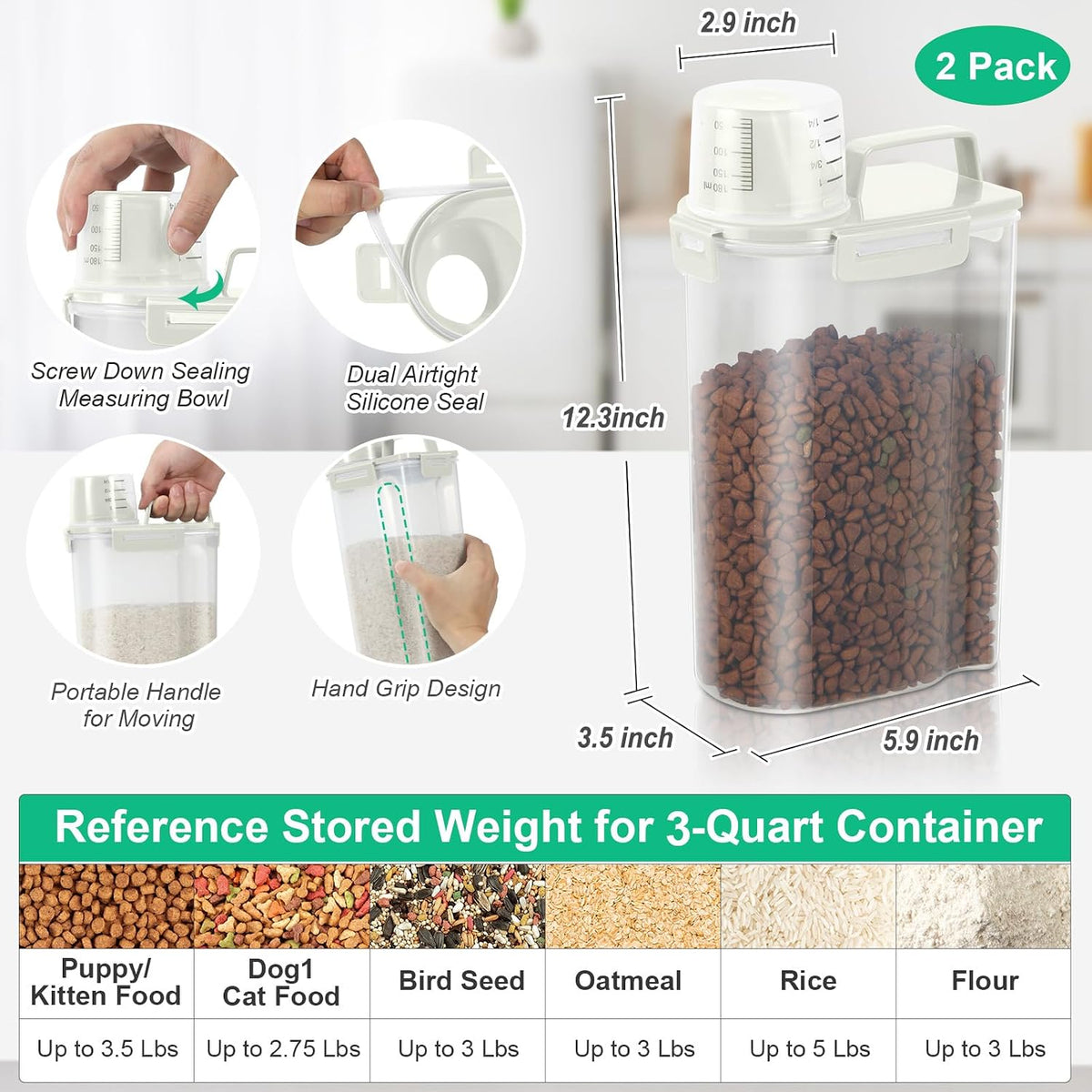 TBMax Pet Food Storage Containers 2 Pack 8-10 Lbs Airtight Dog Food Container Dispenser with Large Spout & Portable Handle, Travel Dog Treat Cat Food Storage Bin Bird Seed Container