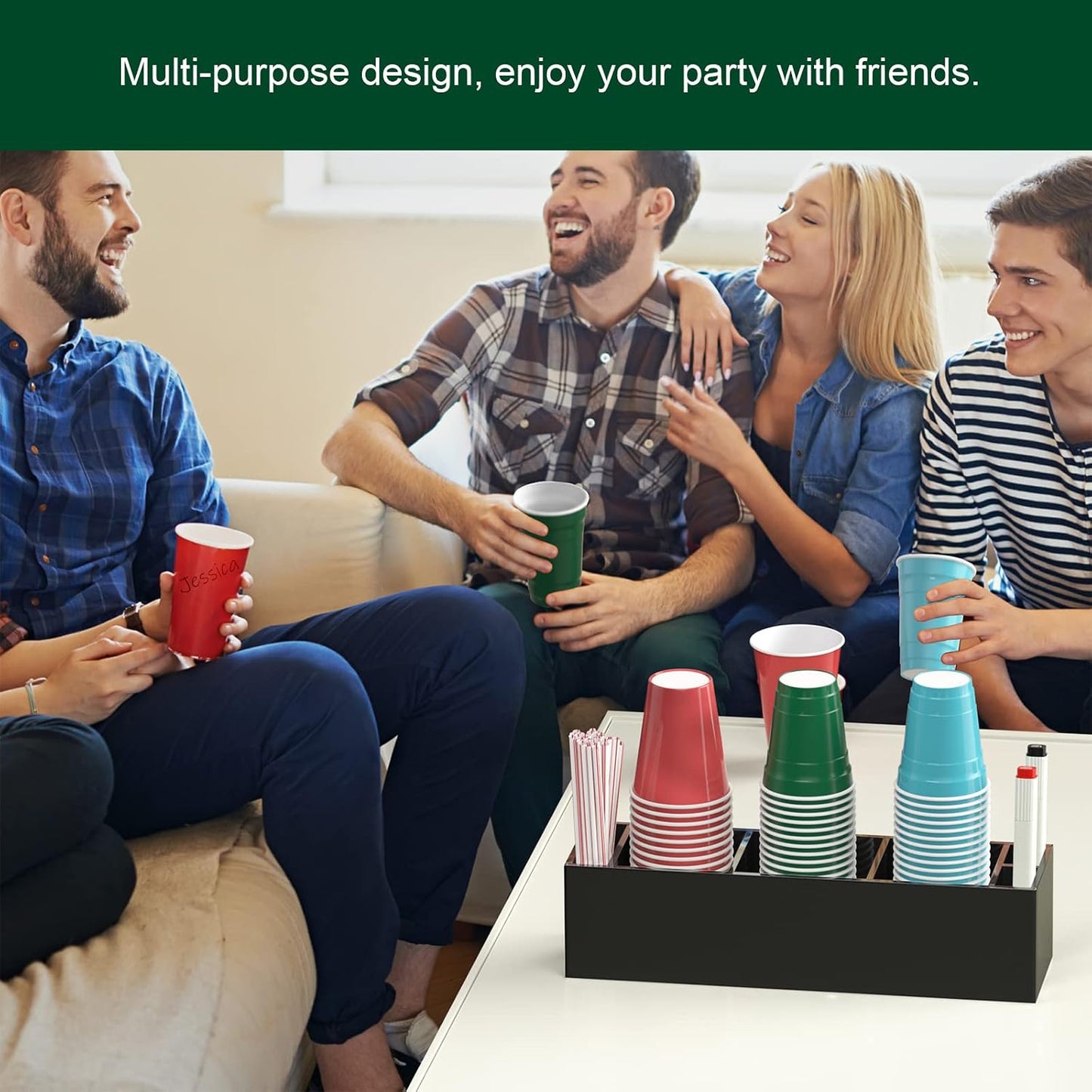 Double Cup Holder with Marker Slot, Party Cup Dispenser Acrylic Cup Organizer Mark Your Cup and Drink Up Caddy Modern Bar Counter Decor, Clear