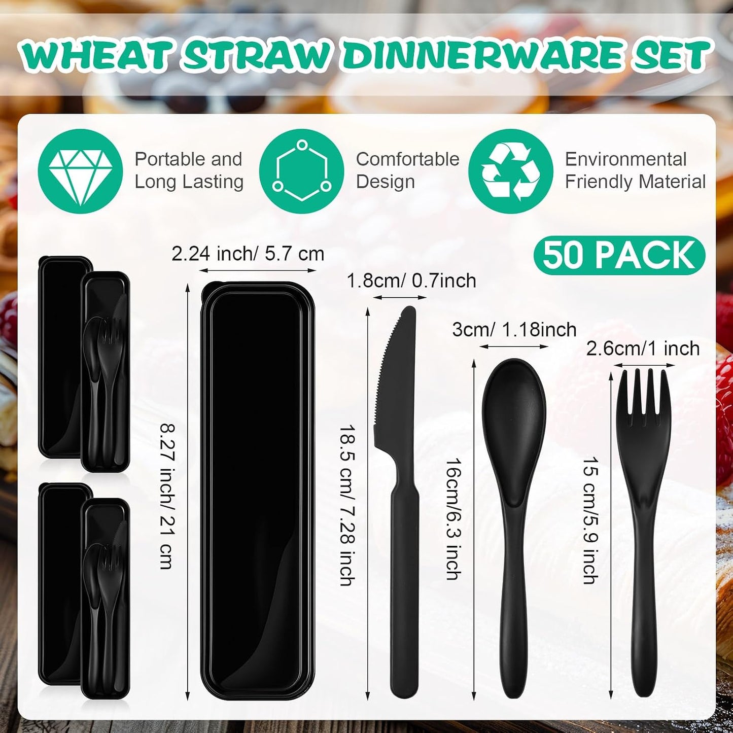 Jinei 50 Sets Reusable Travel Utensils Set with Case Wheat Straw Cutlery Portable Spoon Knife Forks Lunch Box Accessories Friendly Tableware for Kids Adults Camping Utensils(Bright)