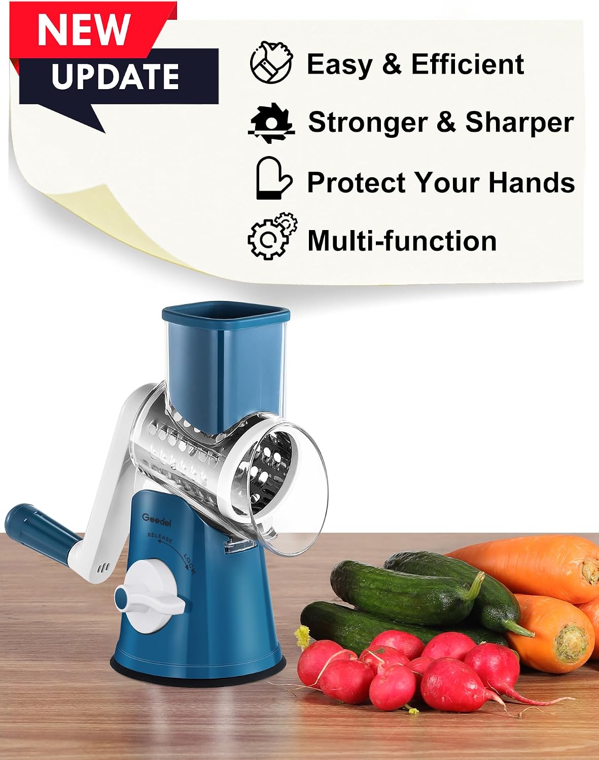 Geedel Rotary Cheese Grater, Kitchen Mandoline Vegetable Slicer with 3 Interchangeable Blades, Easy to Clean Rotary Grater Slicer for Cheese, Vegetables, Nuts