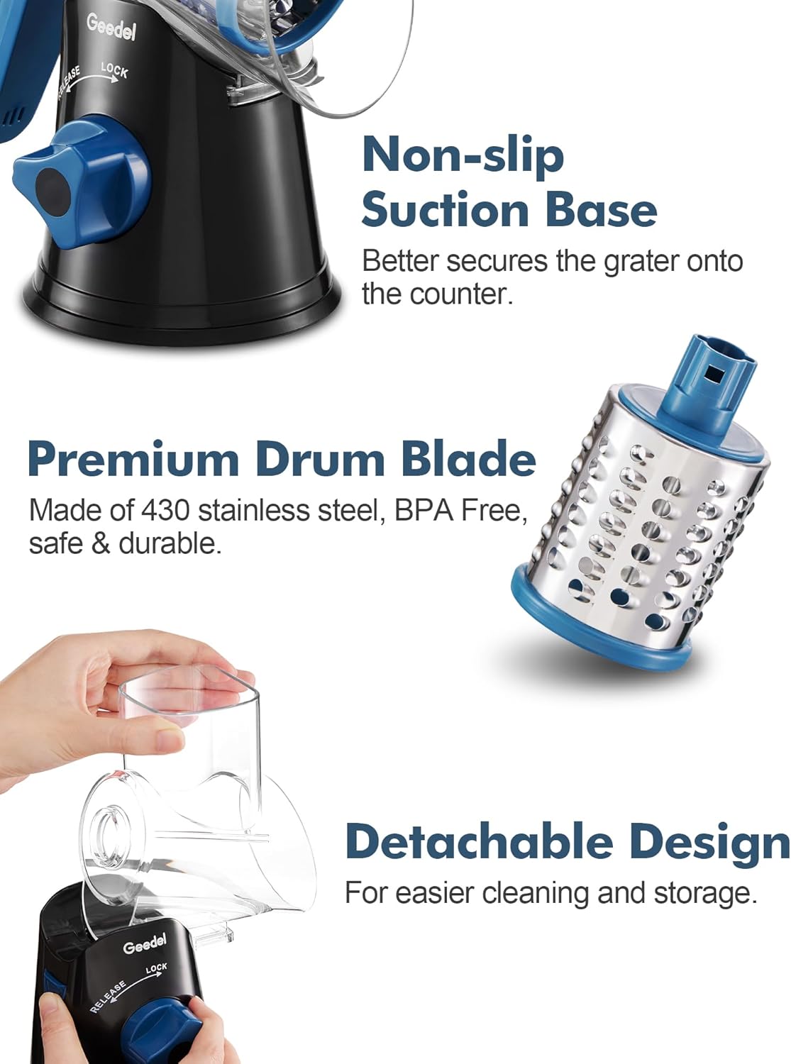 Geedel Rotary Cheese Grater, Kitchen Mandoline Vegetable Slicer with 3 Interchangeable Blades, Easy to Clean Rotary Grater Slicer for Cheese, Vegetables, Nuts