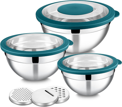 E-far Mixing Bowls Set of 5, Stainless Steel Salad Mixing Bowl with Transparent Lid, Metal Nesting Bowl Attach with 3 Graters for Kitchen Prepping/Serving/Baking/Storage, 4.6/2.6/1.5/1/0.7 QT - Black