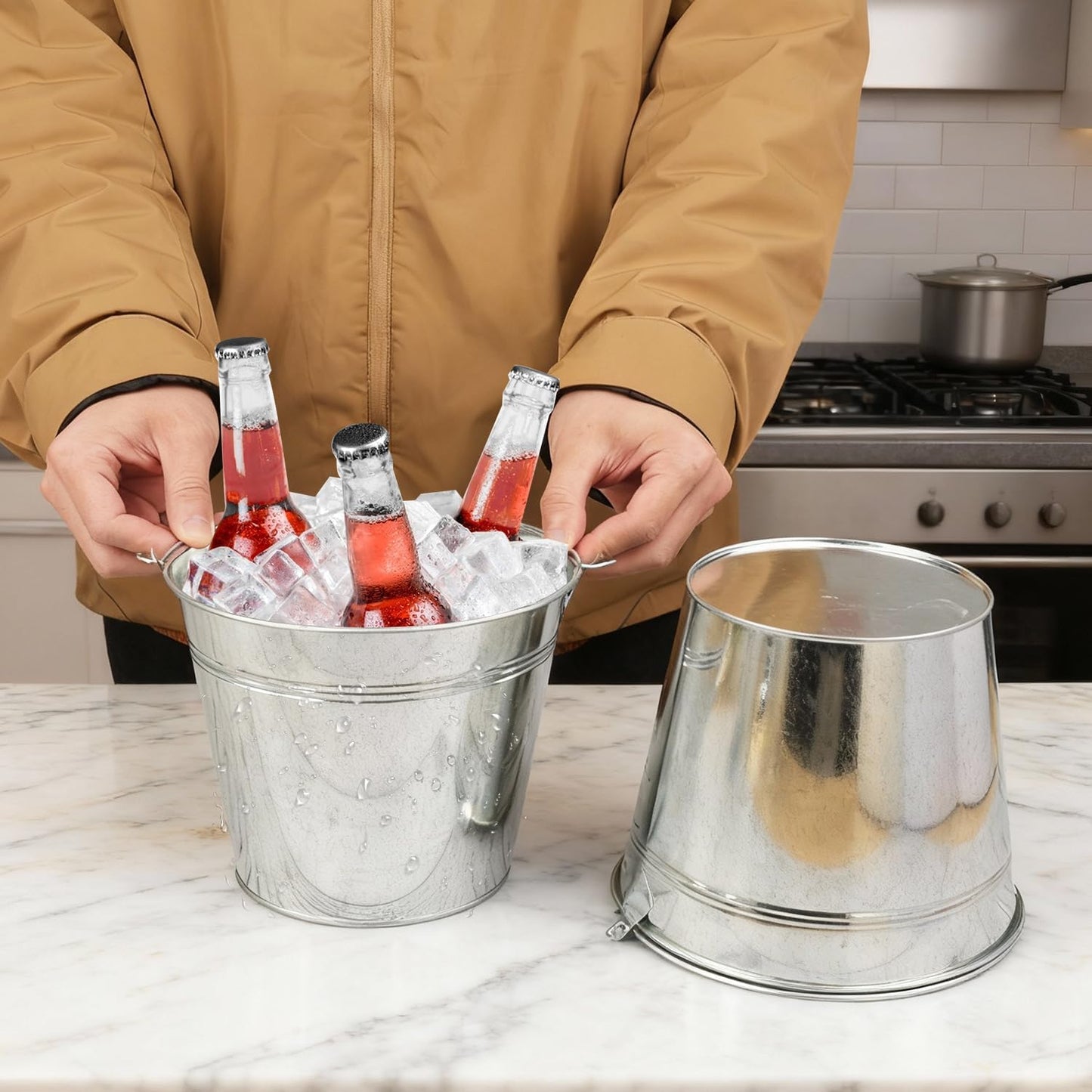 3 Pack 15.3" x 9" x 6" Yellow Metal Galvanized Tub with Handles, 3 Gallon Large Beverage Tubs for Parties, Beer, Wine, and Cocktails, Rust-Proof and Durable Ice Buckets