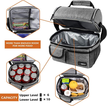 opux Insulated Lunch Bag Women Men, Dual Compartment Leakproof Lunch Box Adults Kids, Double Decker Meal Prep Bento Lunch Cooler Tote with Shoulder Strap for Work Office School Travel, Floral Purple
