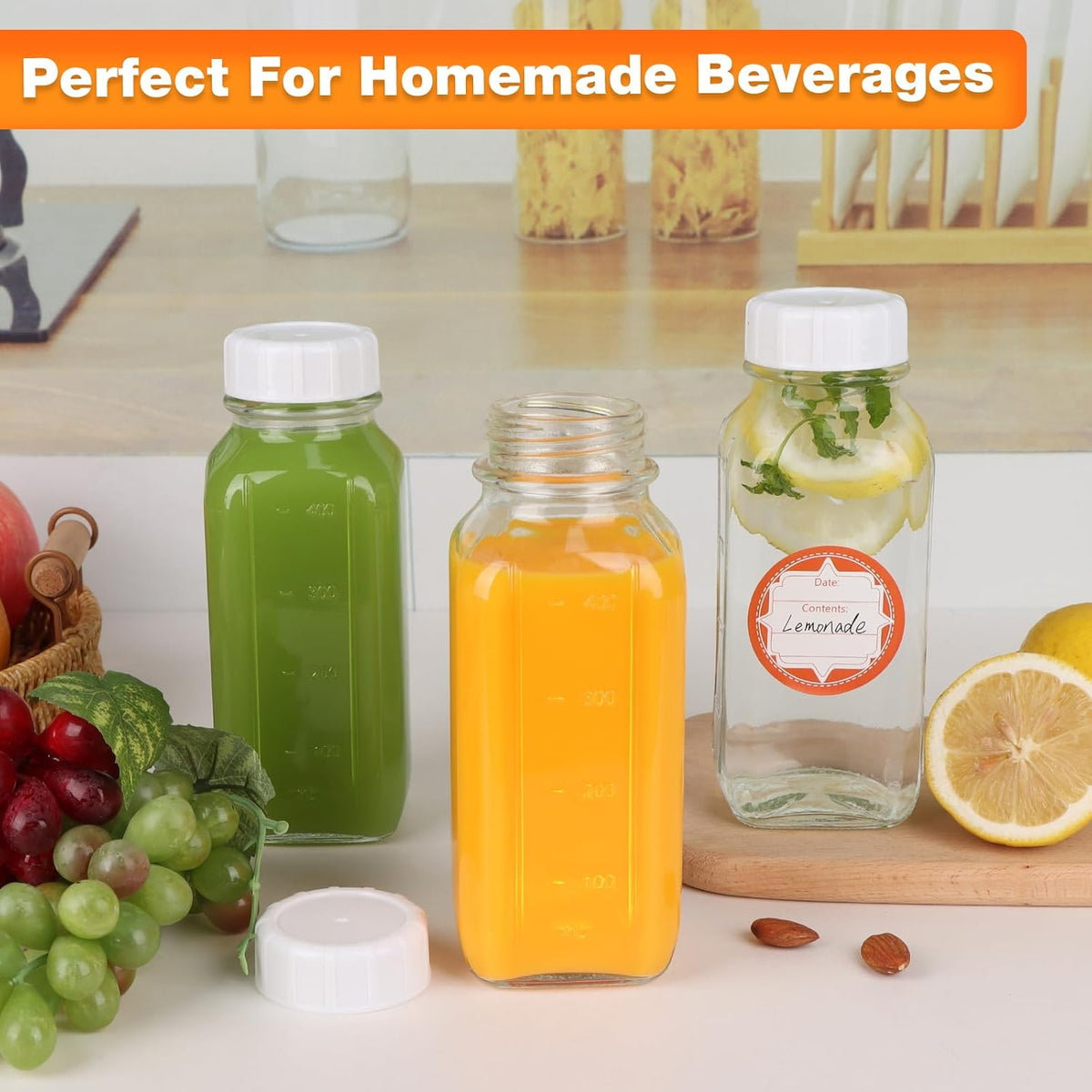 HINGWAH 4 Pack 16 OZ Glass Milk Bottles with Lids