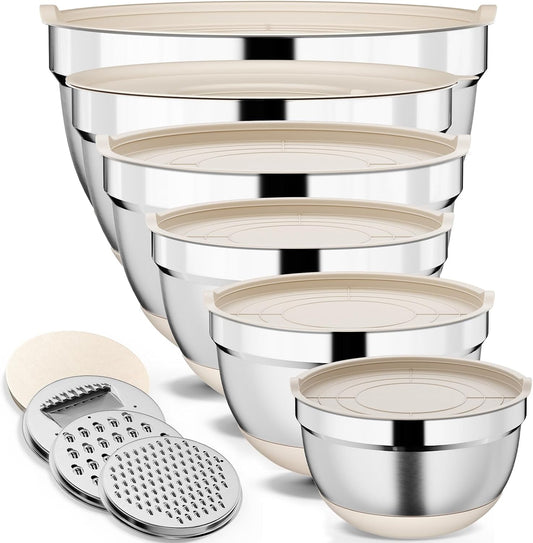 9 Pack Mixing Bowls with Airtight Lids & Grater Attachments, Khaki
