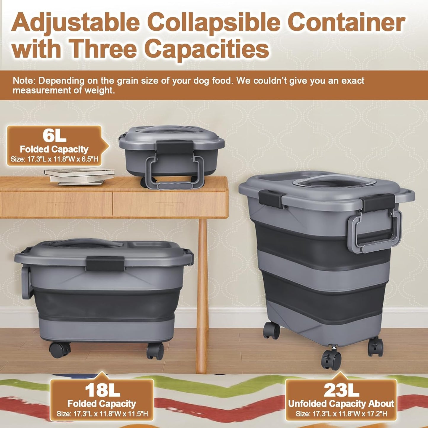 Dog Food Storage Container，10-25 lbs Airtight Collapsible Cat Food Storage Container with Attachable Wheels, Portable Handle, Dog Food Scoop for Dog Cat Bird Pet Dry Food Storage Bin Light Grey