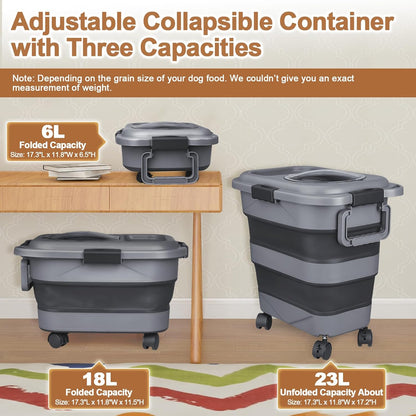 Dog Food Storage Container，10-25 lbs Airtight Collapsible Cat Food Storage Container with Attachable Wheels, Portable Handle, Dog Food Scoop for Dog Cat Bird Pet Dry Food Storage Bin Light Grey
