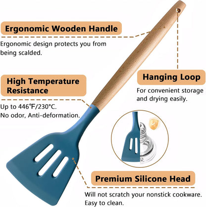Kitchen Cooking Utensils Set, 6Pcs Silicone Kitchen Utensils Set Spatula Spoon Soup Ladle Turner, Heat Resistant Wooden Handle Silicone Cooking Gadgets for Nonstick Cookware & Baking BPA FREE