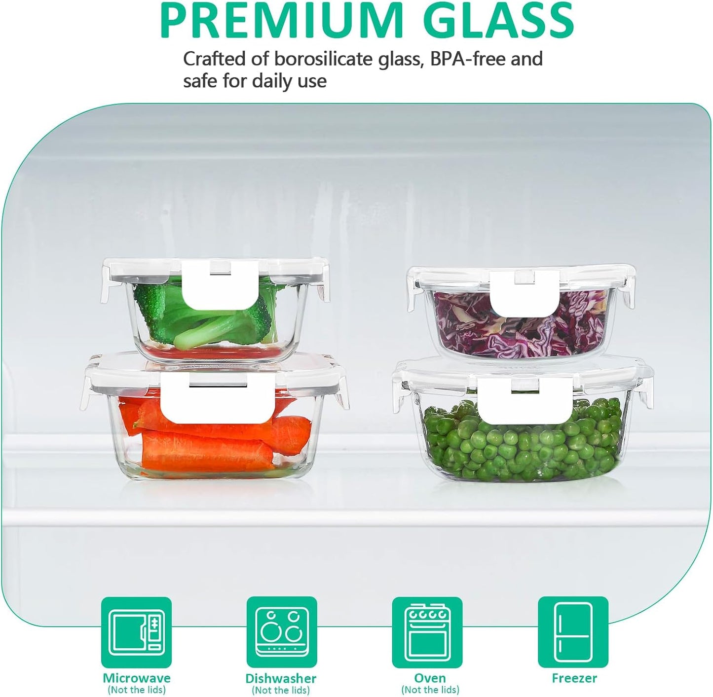 KOMUEE 24 Pieces Glass Food Storage Containers Set, Meal Prep Containers-Stackable Airtight Glass Storage Containers with lids,Freezer, Microwave, Oven Safe,Green