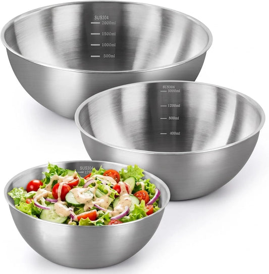 Stainless Steel Mixing Bowls - 9.84", 8.66" & 7.5" Metal Mixing Bowls, 3.3 Qt, 2 Qt & 1.5 Qt Stainless Steel Salad Bowls, Durable 304 Stainless Steel Bowl for Kitchen, Baking, and Meal Prep