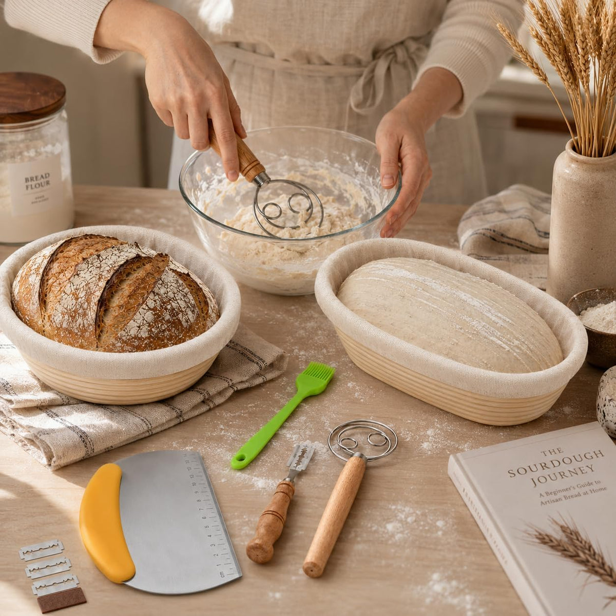 Banneton Bread Proofing Basket Set, 2 Pack 9 Inch Round & Oval