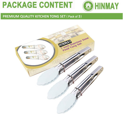 HINMAY Mini Stainless Steel Food Tongs with Silding Rings 7-Inch, Set of 6 | Small Clam Shell Service Tongs for Serving Appetizers, Desserts, Salads, Barbecue and Cooking (Silver)