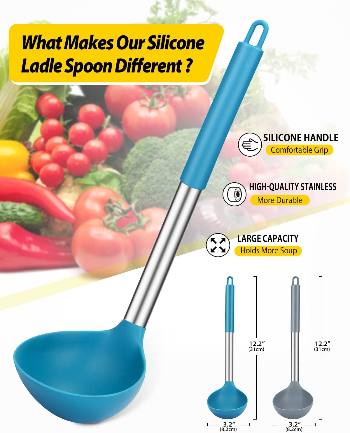 Pack of 2 Ladle Spoon,Silicone Large Spoon for Soup,Non Stick Kitchen Utensils with High Heat Resistant,BPA Free Perfect Kitchen Tools for Cooking, Stirring,Serving Soups (BLACK-WHITE)