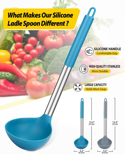 Pack of 2 Ladle Spoon,Silicone Large Spoon for Soup,Non Stick Kitchen Utensils with High Heat Resistant,BPA Free Perfect Kitchen Tools for Cooking, Stirring,Serving Soups (BLACK-WHITE)